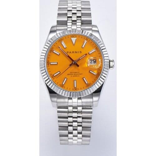 Parnis 39.5mm Yellow Dial Mens Watches Calendar Miyota 8215 Movement Automatic Mechanical Mens Wristwatch 2020 Top Luxury Brand