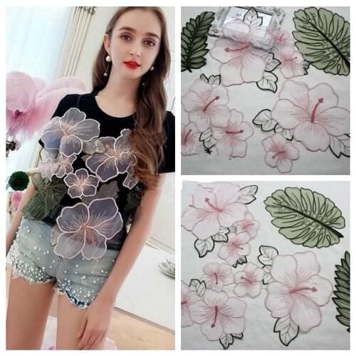 5Piece/1Set Quality Exquisite Lace Patch Flowers Green Leaves Organza Embroidery Lace Cloth Stickers Clothing Accessories