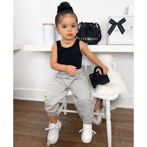 2021 Summer Clothing Infant Kids Baby Girls Sportswear Cropped Sleeveless Vest Tops Gray Long Pants Casual 2Pcs Outfits