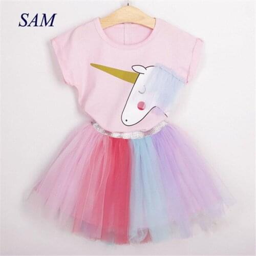 2019 Baby Girls Fashion Clothing Sets Short Sleeves T-shirt +Lace Tutu Skirt 2 pcs Suit Colorful Summer Clothes for Children