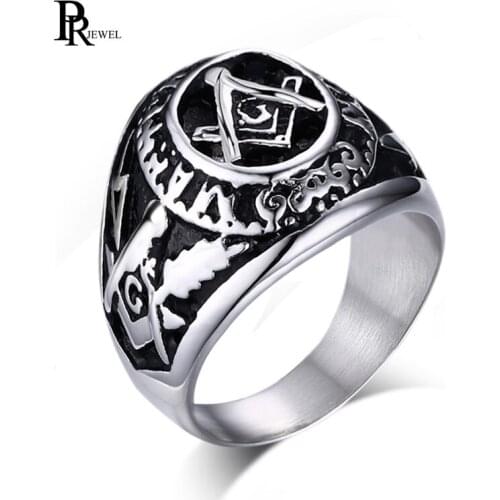 Mens Freemason Design Rings Vintage Stainless Steel Masonic Signet Biker Bands anel masculino
