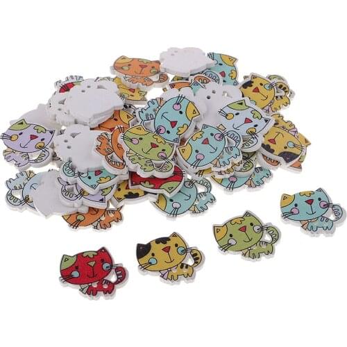 Pack of 50 Cartoon Cat Wooden Buttons 2 Holes Sewing Scrapbooking DIY Crafts