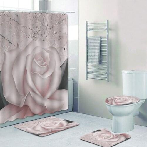 Pink Rose 3D Shower Curtain Set Elegant Modern Chic Roses Floral Bath Curtain for Bathroom Mats Rugs Carpet Home Decor 180x200