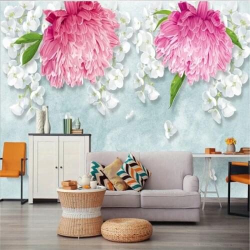 Nordic Elegant Hand Painted Floral Wall Paper 3D Watercolor Pink Chrysanthemum White Phalaenopsis Garden Mural Wallpaper 3D