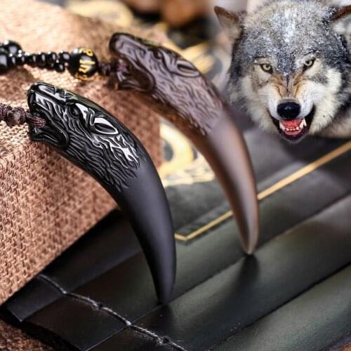 Natural Obsidian Wolf tooth Pendant Necklace Man Charm Jewellery Fashion Accessories Hand-Carved Luck Amulet Gifts