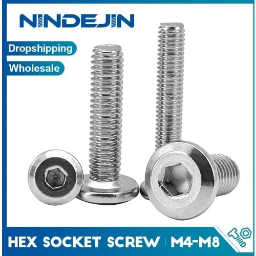 NINDEJIN M4 M5 M6 M8 304 Stainless Steel Chamfered Hexagon Beveled Flat Round Head Internal Hexagon Screw Furniture Wood Screw