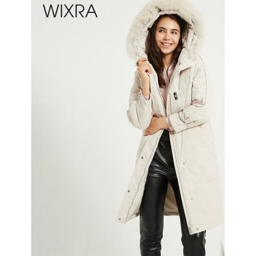 Wixra Coats Womens Thick Warm Winter Outwear White Duck Down Horn Button Long Jackets Fox Fur Hooded Parkas Snow Coats