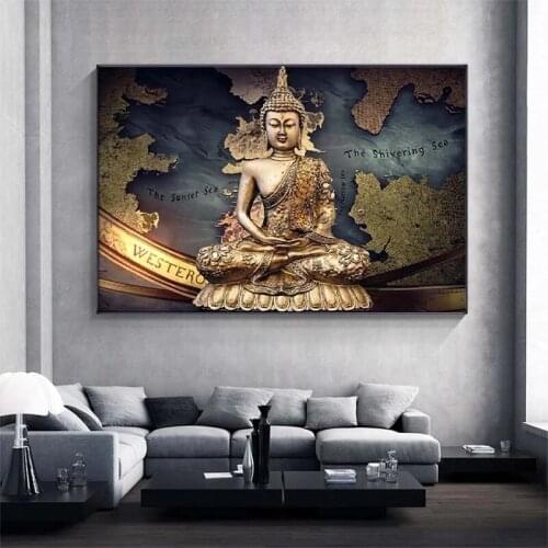 Posters and Prints Golden Buddha Wall Art Canvas Painting Buddhist Mood Pictures for Living Room Home Buddha Decoration Cuadros