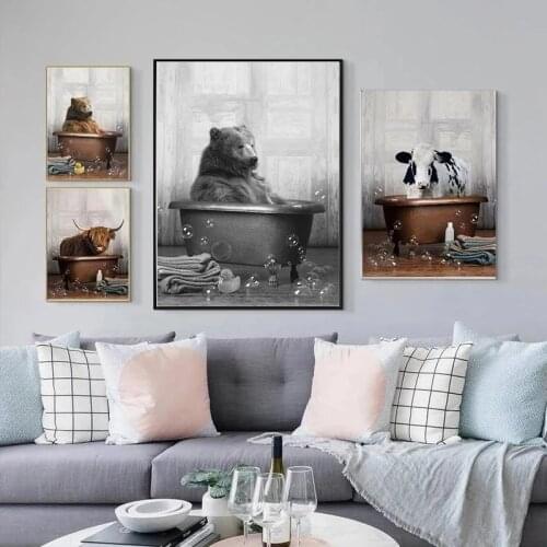 Bathroom Nordic Posters and Paintings Bear Yak Alpaca Cow Elephant Shower Bathtub Animal Wall Art Canvas Print Toilet Home Decor