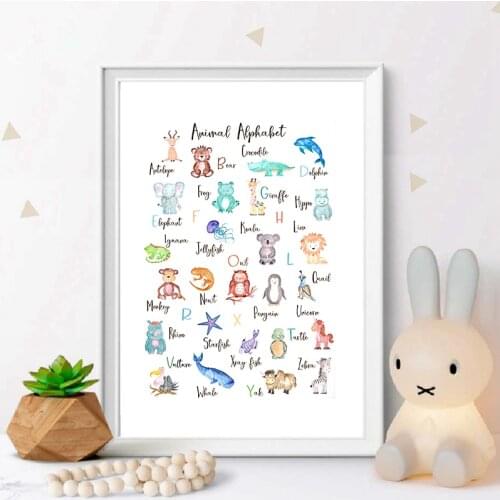 Nursery Prints Alphabet Animals Poster for Kids Room Wall Art Decor Modular Pictures Watercolor Cartoon Child Canvas Painting
