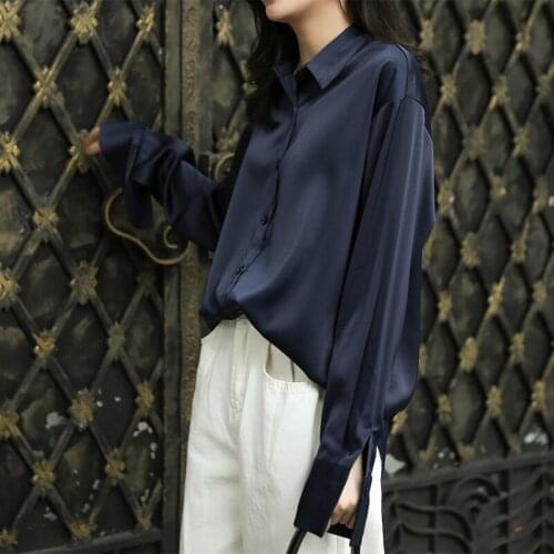 Spring Simple Ladies Casual Blue Shirt Top Female Solid Loose Long Satin Blouse Women Long Sleeve Streetwear Hot Sale Blouses