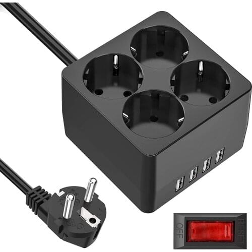 Multiple Power Strip Genmany Outlets Cube 4 way EU Plug Socket with USB Charger Over Voltage Child Protection 2m Extension Cord
