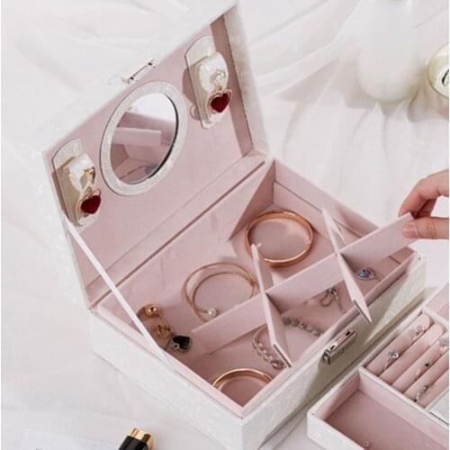 Jewelry Box Built-in Mirror Faux Leather Bracelet Storage Earring Case for Bedroom