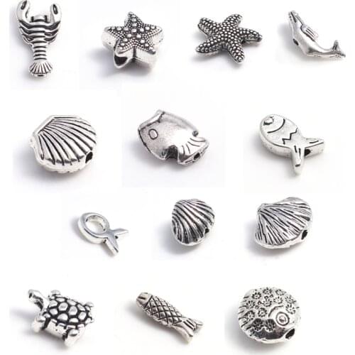 100PCs Doreen Box Ocean Jewelry Beads Zinc Alloy Silver Color Shell Star Fish Turtle Animal For DIY Jewelry Making Accessories