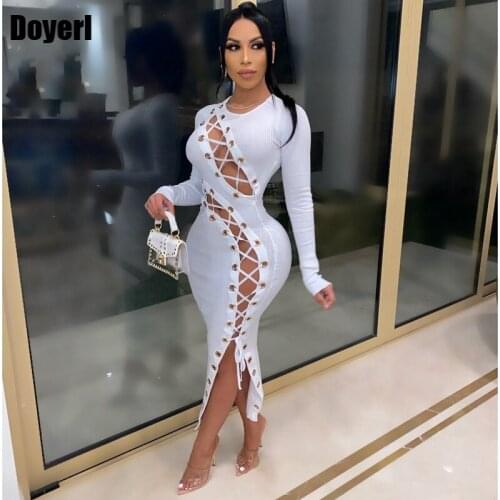 Sexy Bodycon Bandage Dress Women Winter Lace Up Hollow Out Midi Long Sleeve Dresses for Women 2021 Elegant Party Club Dress 2021
