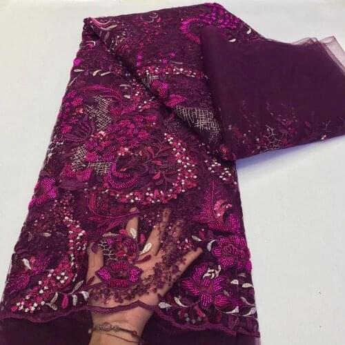 2020 Latest Gorgeous Handmade Bead and Sequins High-End Tulle Shining Lace Fabric Luxury Evening Dress French Lace Purple Sewing