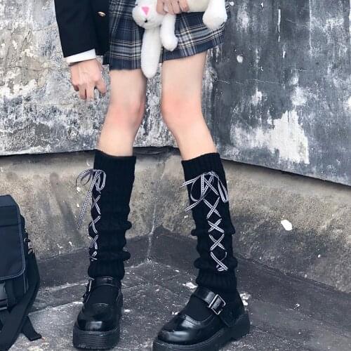 Lolita Japanese Leg Warmer Thick Wool Jk Bubble Socks Women Cool Girl Calf-Length Plaid Drawstring Ribbon Bow Knitted Knee Socks