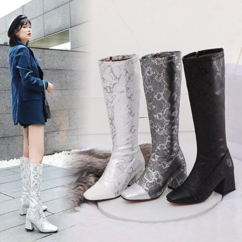 YQBTDL Fashion Silver White Snake Print Womens Boots Square Toe Hoof Heels Knee High Heel Riding Biker Long Boots Winter Shoes