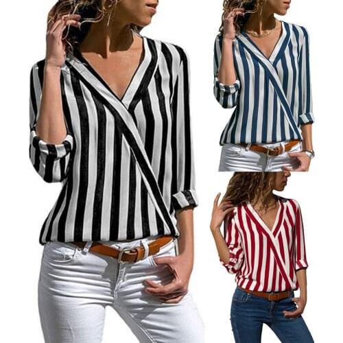Fashion Summer Stripe Shirt Top Women Casual Long Sleeve Blouse for Spring Autumn Plus Size Loose V Neck Tops рубашка женская