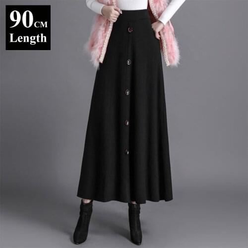 90cm Winter Autumn Women Knitted Maxi Long Skirts Large Swing Elegant Solid Women A-line Button Female Ankle Length Knit Skirts