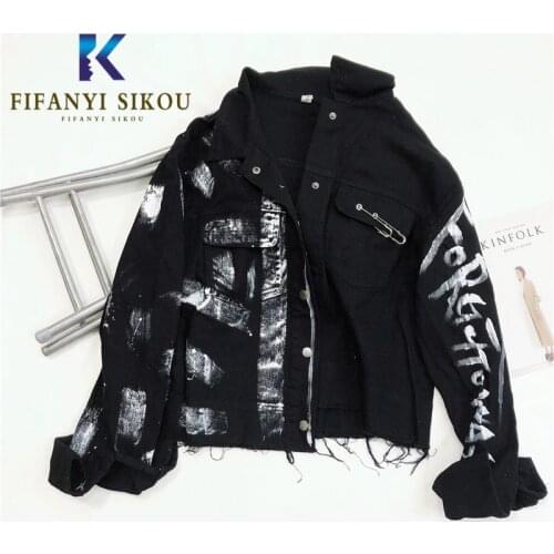 Streetwear Women Denim Jacket Fashion Graffiti Print Long sleeve Jeans Jacket Female Loose Hip hop Jeans Coat Harajuku Jackets