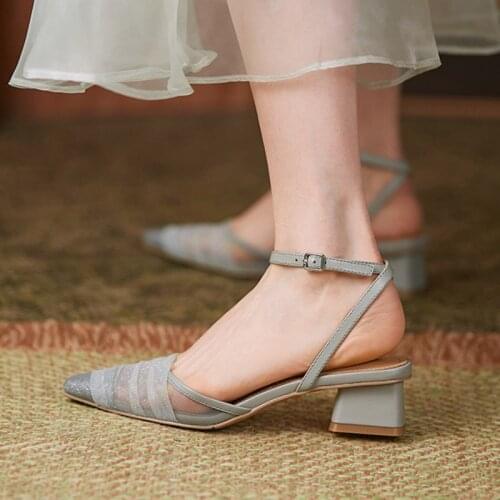2021 Summer Women Sandals Pointed Toe Ankle Strap Mesh Ladies Shoes Lace Sandalias Mujer Med Heels Dress Shoes Slingback 9208G