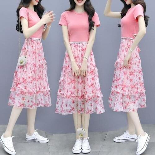 Skirt Suits for Women 2021 Summer 2 Piece Sets Womens Outfits Short Sleeve Pink Tops and Floral Print Midi Skirts Suit Y586