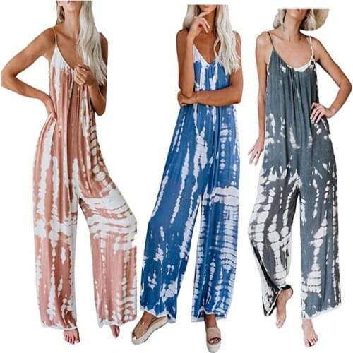 Womens Summer Jumpsuit Summer Tie Dye Jumpsuit Spaghetti Strap Loose Fit Romper Outfit Ladies Plus Size Backless Sleeve Playsuit