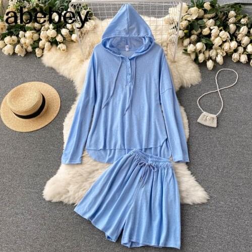 Women 2021 Summer Korean Casual Set Long Sleeve Loose Hooded Sun-proof Shirt+High Waist Wide Leg Shorts Two Piece Suit