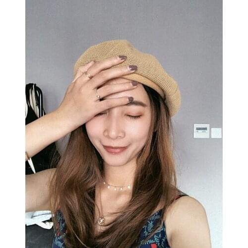 Women Knitted Beret Summer Cap Chic Parisian Style Soft Lightweight Crochet Cutout Knit Beret Breathable Cotton Line Beanie Hat