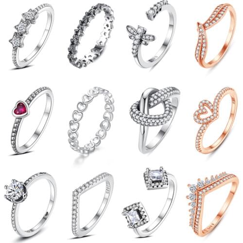 Original 100% 925 Sterling Silver Ring Love Heart Finger Stackable Rings Red Clear Crystal For Women Wedding Gift Luxury Jewelry