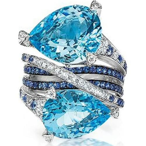 New Female Fashion Jewelry Brand Luxury Big Ocean Blue Crystal Silver Color Wedding Ring Jewelry for Women Full Sizes Wholesale