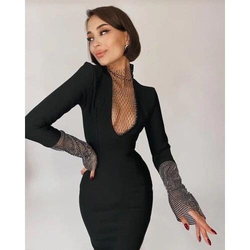 Hot Women Spring Sexy Long Sleeve Crystal Diamonds Black Midi Bodycon Bandage Dress 2021 Elegant Evening Party Dress Vestidos