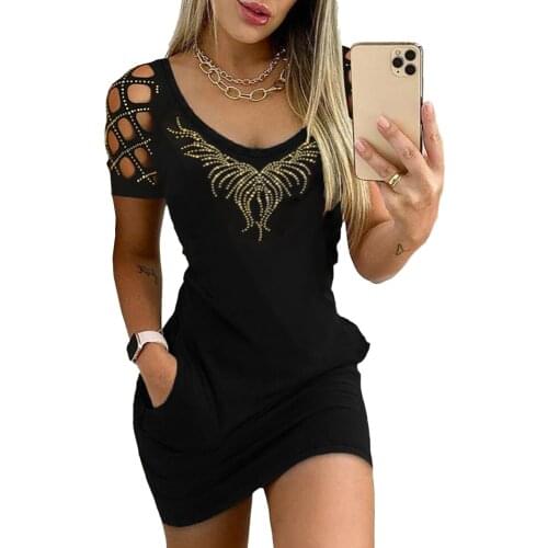 Womens Hollow Out Short Sleeve Mini Dress Rhinestone Round Neck Ladies Sim Fit Night Club Dress with Pockets Female Vestido D30