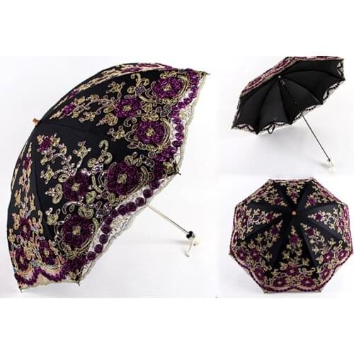 Lace Flowers Embroidery Rain Sun Umbrella Elegant Sunshade For Women Portable Uv Umbrella Exquisite Parasol