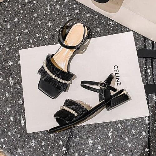 2021 Summer Women Shoes Plus Size 35-43 Fashion Low Heel Shoes Mesh String Bead Square Heel Casual Sandals Party Dress shoes