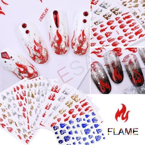 3D Laser Gold Silver Flame Red Nails Art Sticker Decoration Decal for Nail Manicure Fire Design Sticker for Foil Back Glue