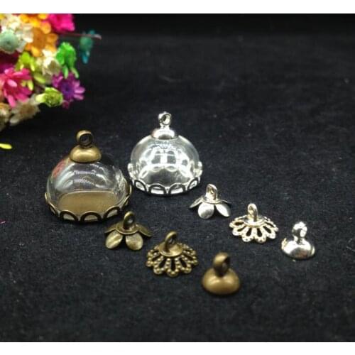 50sets/lot15mm bronze/silver plated 15mm half glass globe &lace base & cap & necklace set glass vial pendant glass bubble