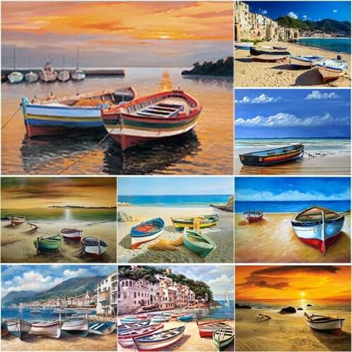5D DIY Diamond Painting Sea View Cross Stitch Beach Fishing Boat Diamond Embroidery Full Square Round Drill Home Decor Art Gift