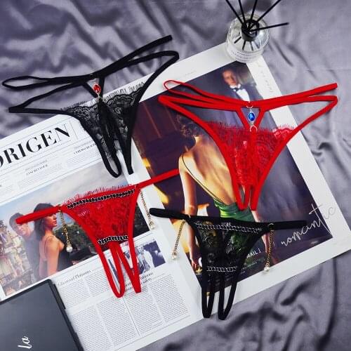 1 Piece Panties Women New Products Free Shipping G String Sexy Underwear Pearl Pendant Gemstone Lace Hollow Out Women Underpants