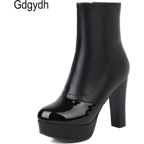 Gdgydh European And American Fashion High Heel Leather Ankle Boots Womens Platform Heels Office Lady Shoes Patchwork Plus Size