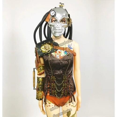 Punk rocker style headdress + shoulder bracelet + print base + waist seal + shorts 5 bar nightclub concert singer costume