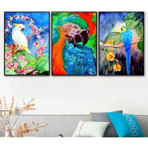 Canvas Painting Animal Posters and Prints Abstract Watercolor Parrots Feather Wall Pictures for Living Room Cuadros Home Decor