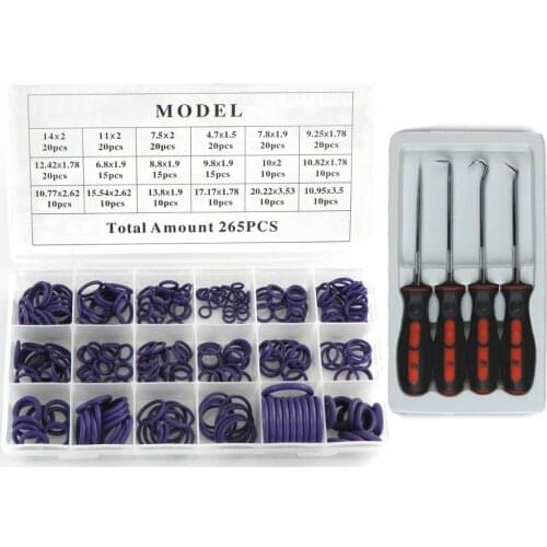 4pcs O Ring Seal Pick Hooks Puller Remover Tool with Purple 265pcs O-ring Assortment Set Kit