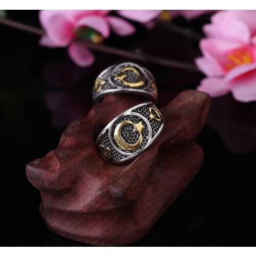 Gold&silver Moon Star Ring for Women Men Muslim Islamic Arabic Middle East Religious Jewelry Punk Cool Antique Gift