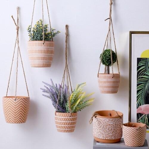 Red pottery braided hemp rope hanging pots hanging potted green plants succulent hanging clay pots hanging wall hanging baskets