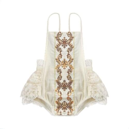 0-24M Summer Baby Girls Boys Bodysuits Lace Flowers Sequined Print Sleeveless Ruffles Backless Jumpsuits