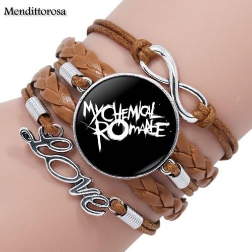 Mendittorosa Letter of My Chemical Romance Brand Jewelry Statement Multilayer Black/Brown Leather Bracelet Bangle Glass Maxi