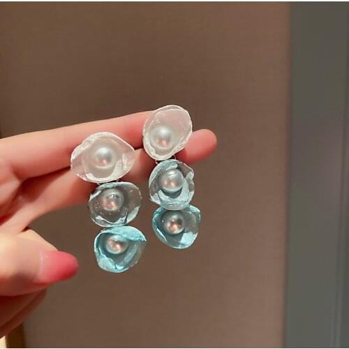 Minar Sweet White Blue Contrast Color Mesh Flower Long Earrings for Women Girls Big Faux Pearls Floral Dangle Earrings Oorbellen