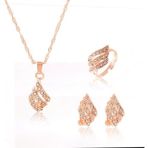 Hot Selling Gold Color Clear Shining Leaves Austria Crystal Necklace Earrings Ring Set Wedding Bridal Jewelry Set For Women